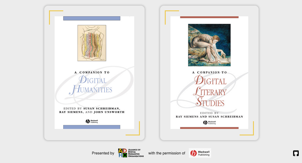Image of the launch page for the Digital Humanities Companions sites.